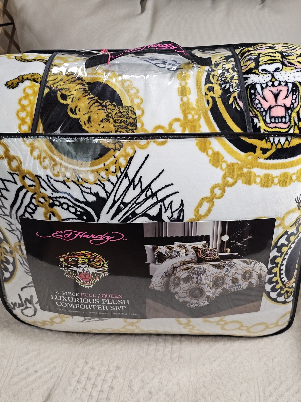 Ed Hardy 4 Piece Full Queen Comforter Set Viral Bedding Tigar Chain
